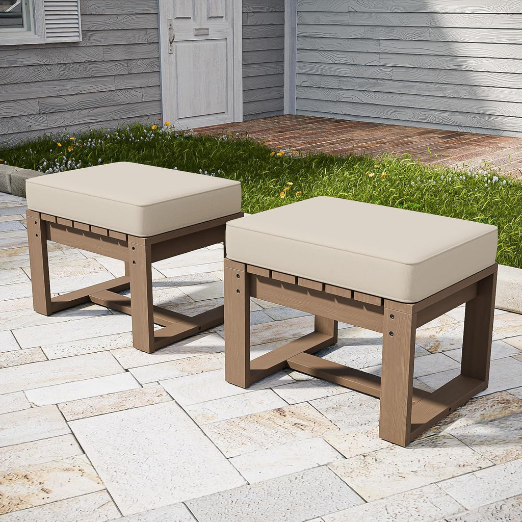 EAGLE PEAK Natural Cedar Outdoor Patio Ottomans with Removable Cushions, Set of 2, Outdoor Real Wood Footrest Contemporary Décor for Deck, Porch, Balcony and Backyard, Brownish/Beige