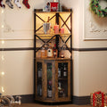 JKsmart Corner Bar Cabinet with LED Lights, 5-Tier Industrial Wine Bar Cabinet with Glass Holder, Farmhouse Liquor Cabinets with Shelf and Door, Home Bar for Coffee Bars, Rustic Brown
