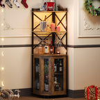 JKsmart Corner Bar Cabinet with LED Lights, 5-Tier Industrial Wine Bar Cabinet with Glass Holder, Farmhouse Liquor Cabinets with Shelf and Door, Home Bar for Coffee Bars, Rustic Brown