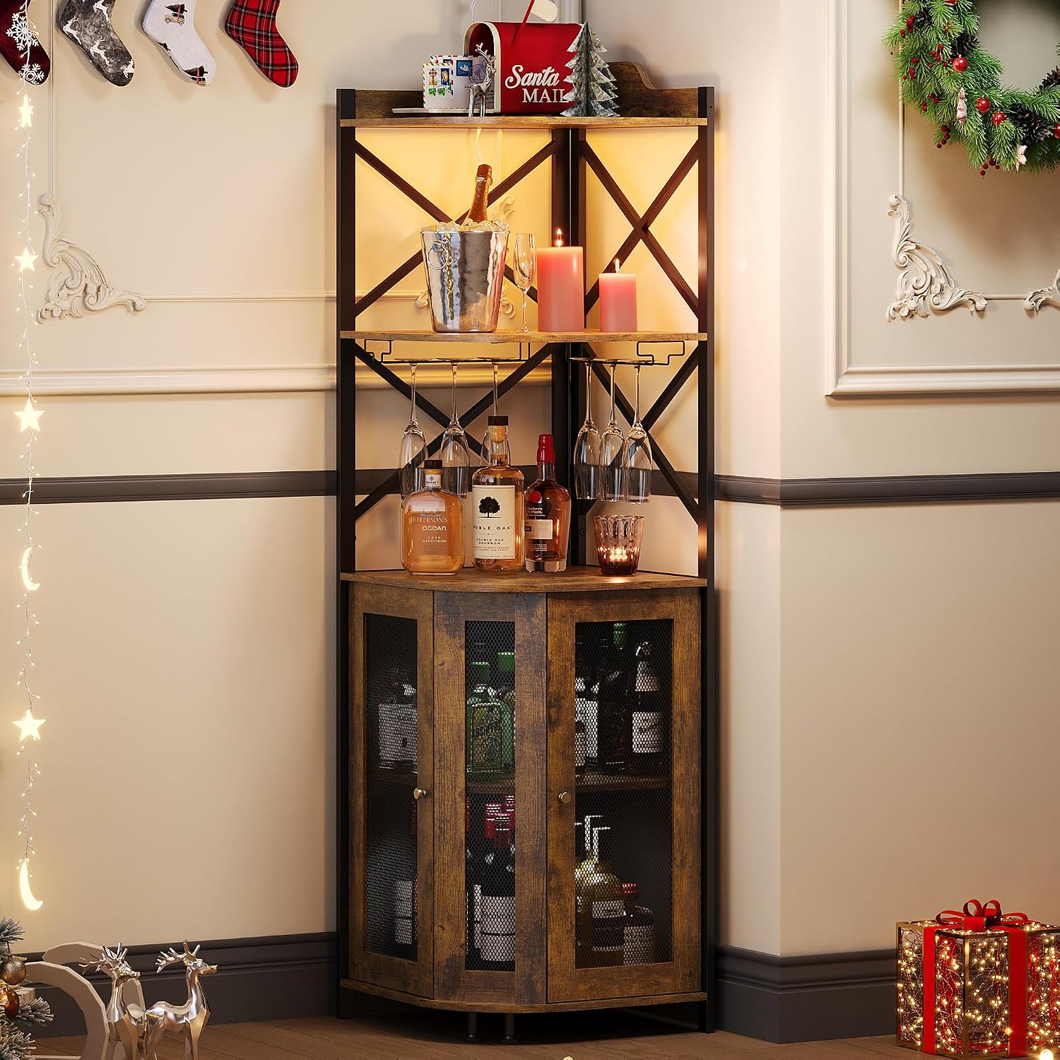 JKsmart Corner Bar Cabinet with LED Lights, 5-Tier Industrial Wine Bar Cabinet with Glass Holder, Farmhouse Liquor Cabinets with Shelf and Door, Home Bar for Coffee Bars, Rustic Brown