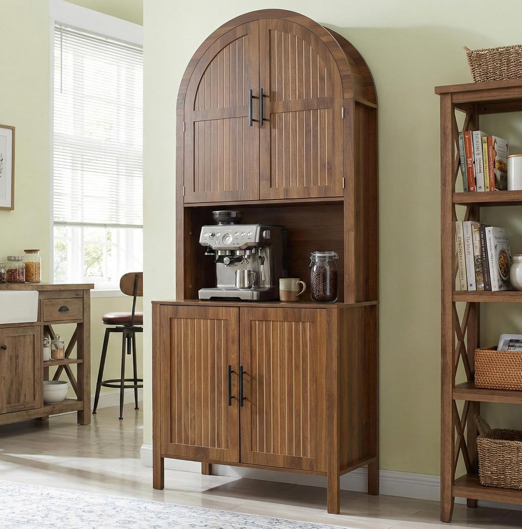 76" Tall Arched Kitchen Pantry,Large Storage Cupboard with Fluted Doors,Microwave Shelf,Modern Wooden Buffet Sideboard,Adjustable Shelves,Cabinet for Dining,Living Room,Walnut