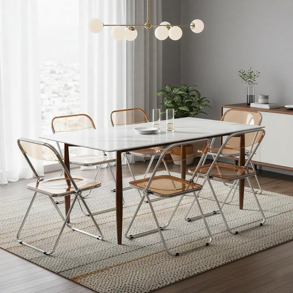 LeisureMod Lawrence Modern Clear Acrylic Folding Chair with Metal Frame, Space-Saving Transparent Seating for Dining Room, Home Office, Bedroom, Vanity or Small Spaces, (Amber, Set of 4)