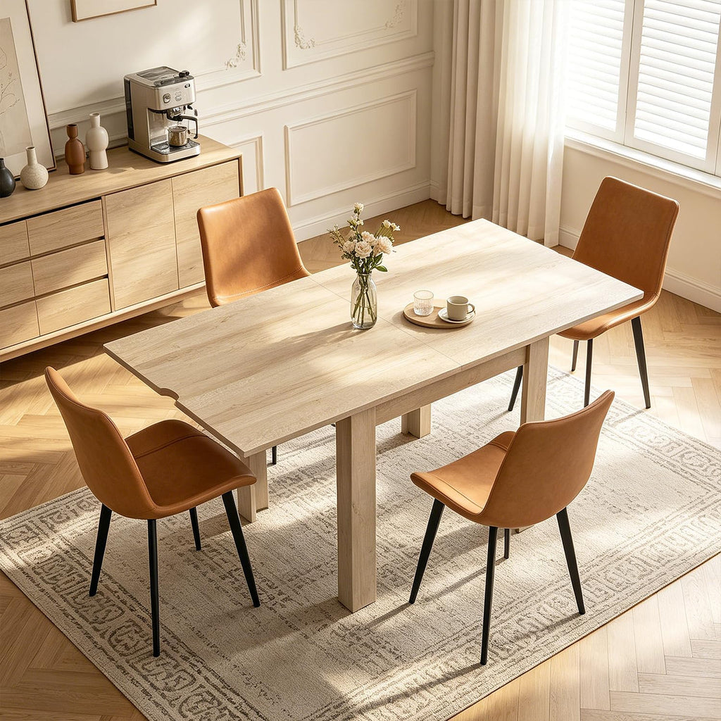 31.5"-63" Folding Dining Table Set for 4, Drop Leaf Extendable Table and Chairs, Square Dining Table with 4 PU Chairs for Living Room, Kitchen, Dining Room, Space Saving(Natural Table+4 Brown Chairs)