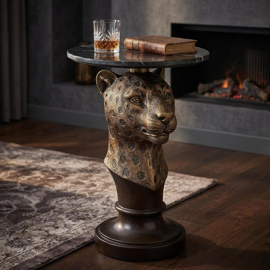 Leopard Head Accent Table with Faux Marble Top & Lifelike Texture, Animal Statue End Table with Easy Assembly for Living Room Hallway Decor