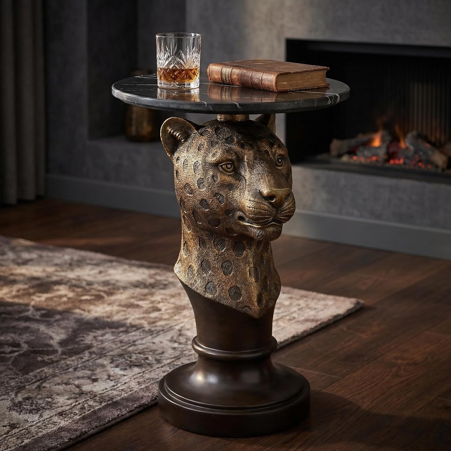 Leopard Head Accent Table with Faux Marble Top & Lifelike Texture, Animal Statue End Table with Easy Assembly for Living Room Hallway Decor