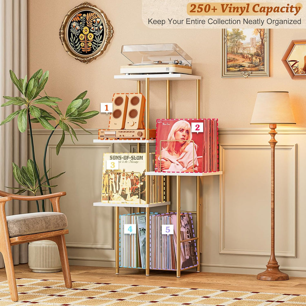 Record Player Stand, Vinyl Record Storage Holder with Display Shelf, Turntable Stand Table with Vinyl Organizer Dividers Album Rack, Vintage Style Record Cabinet Wood, Mid Century Modern Tall Console