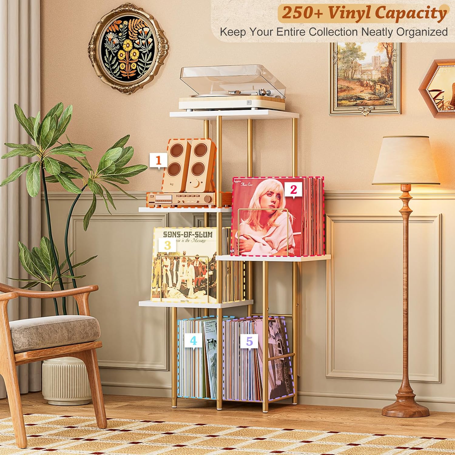 Record Player Stand, Vinyl Record Storage Holder with Display Shelf, Turntable Stand Table with Vinyl Organizer Dividers Album Rack, Vintage Style Record Cabinet Wood, Mid Century Modern Tall Console
