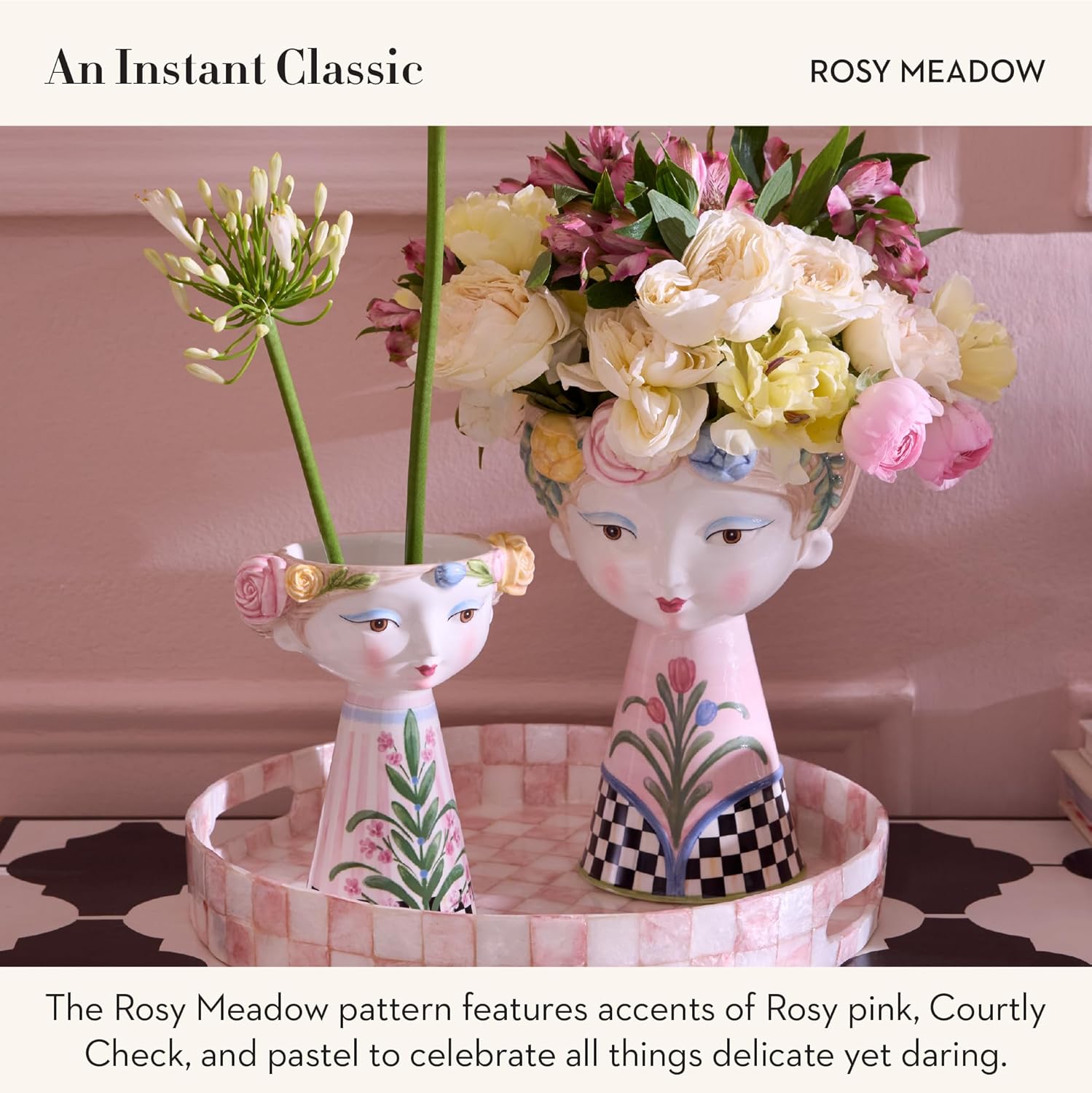 MACKENZIE-CHILDS Ceramic Lady Vase, Unique Flower Vase Decor, Bouquet Holder for Living Room, Short, Rosy Meadow
