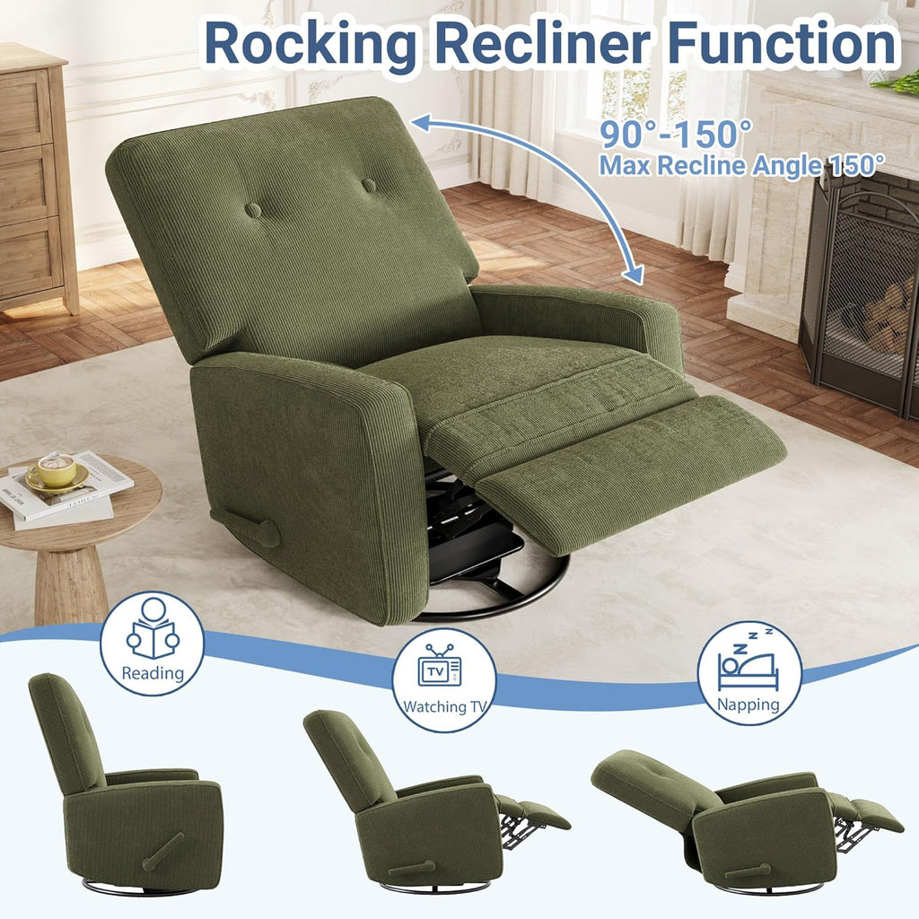 Garvee Nursery Recliner Chair, 360° Swivel Rocking Glider Chair for Adults with Adjustable Backrest & Footrest, Cozy Corduroy Upholstered Armchair for Living Rooms, Bedrooms, Apartments, Green