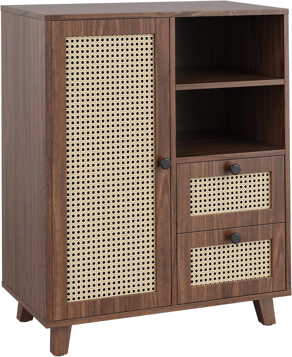 Farini Side Buffet Cabinet with Rattan Doors,Kitchen Sideboard with 2 Drawers Coffee Bar Storage Console Table,Walnut,27.6 inch