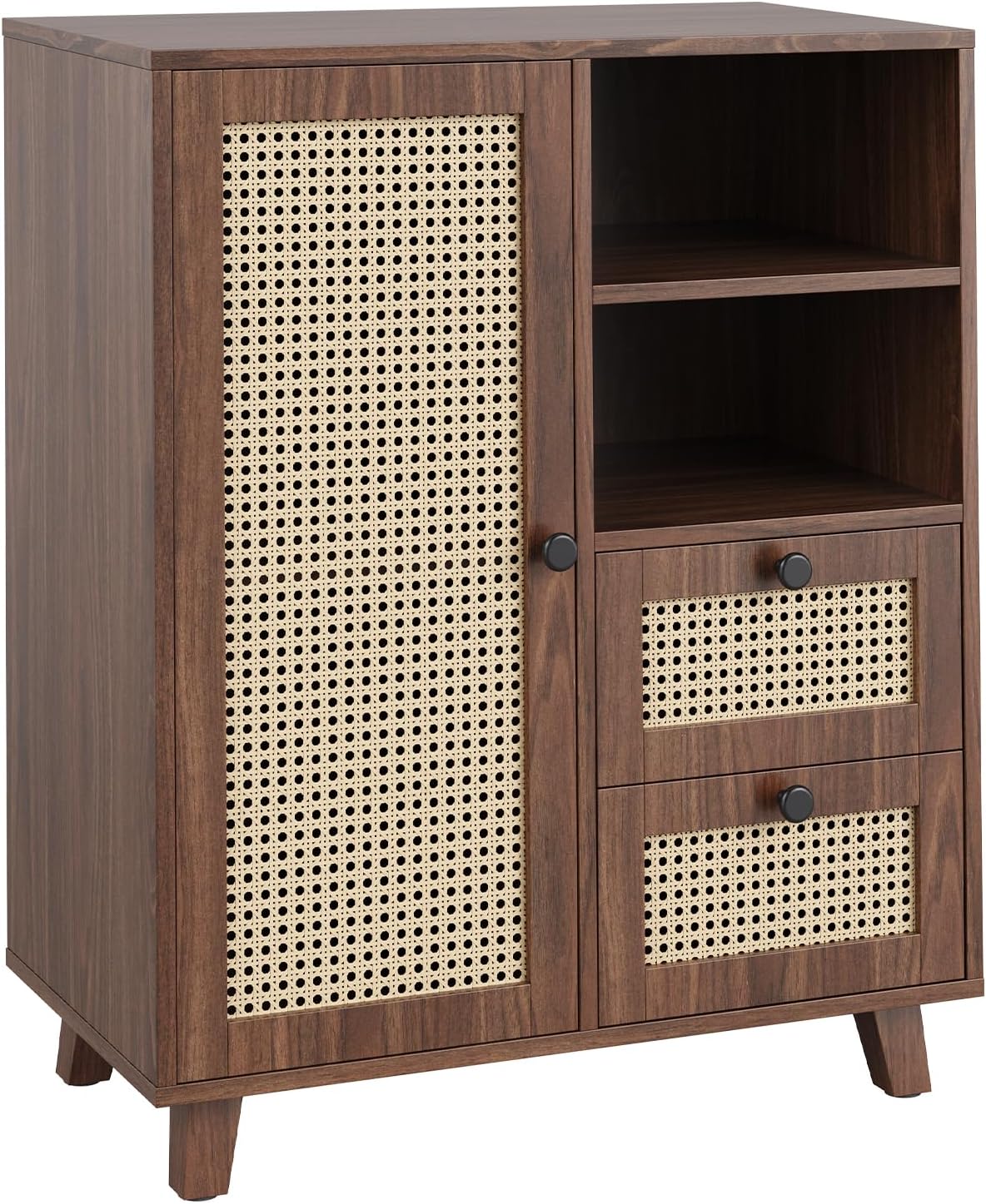Farini Side Buffet Cabinet with Rattan Doors,Kitchen Sideboard with 2 Drawers Coffee Bar Storage Console Table,Walnut,27.6 inch