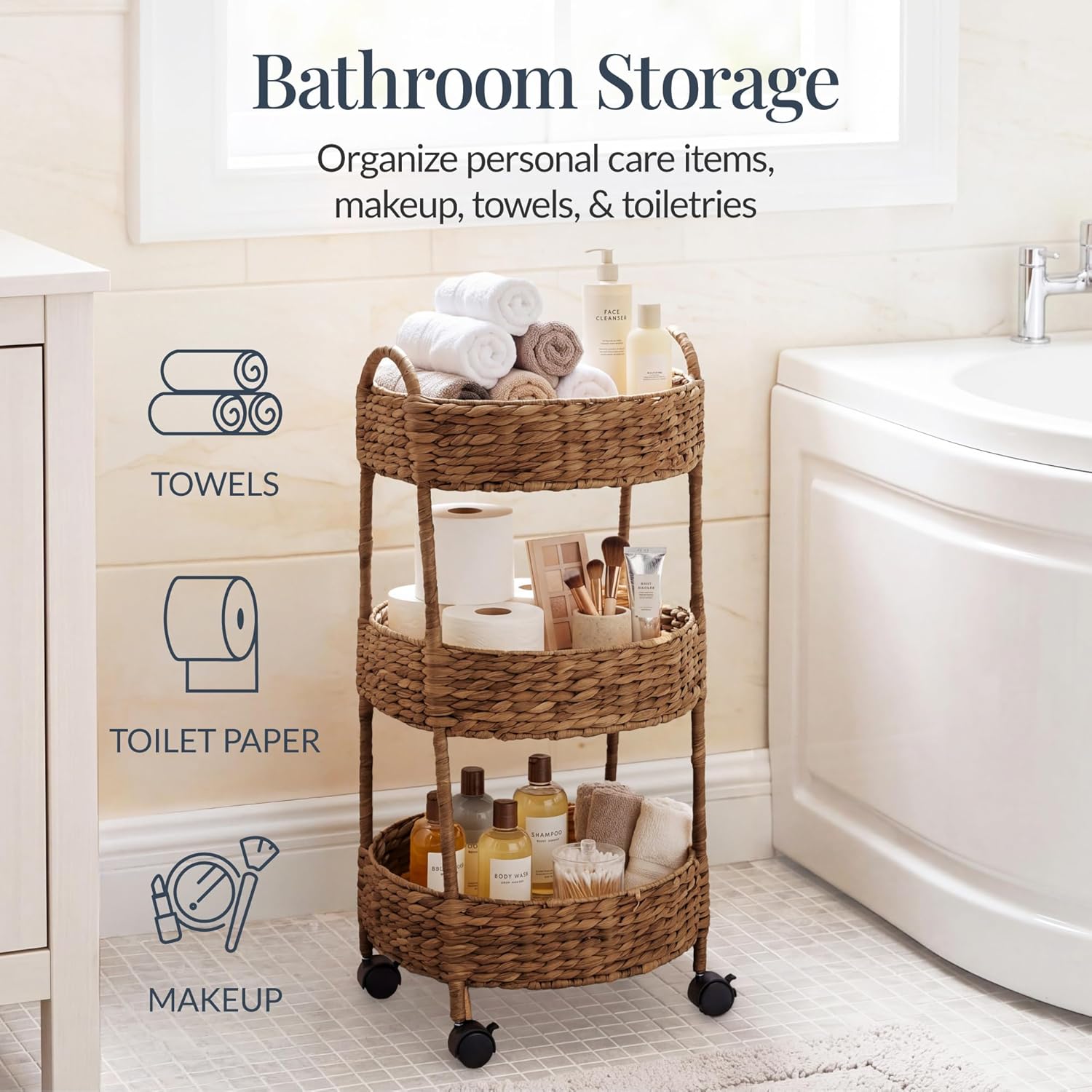 Best Choice Products 3-Tier Round Rolling Nursery Caddy w/Wheels, Handwoven Utility Cart, Storage Organization for Bathroom, Craft Room, Laundry Room - Chestnut