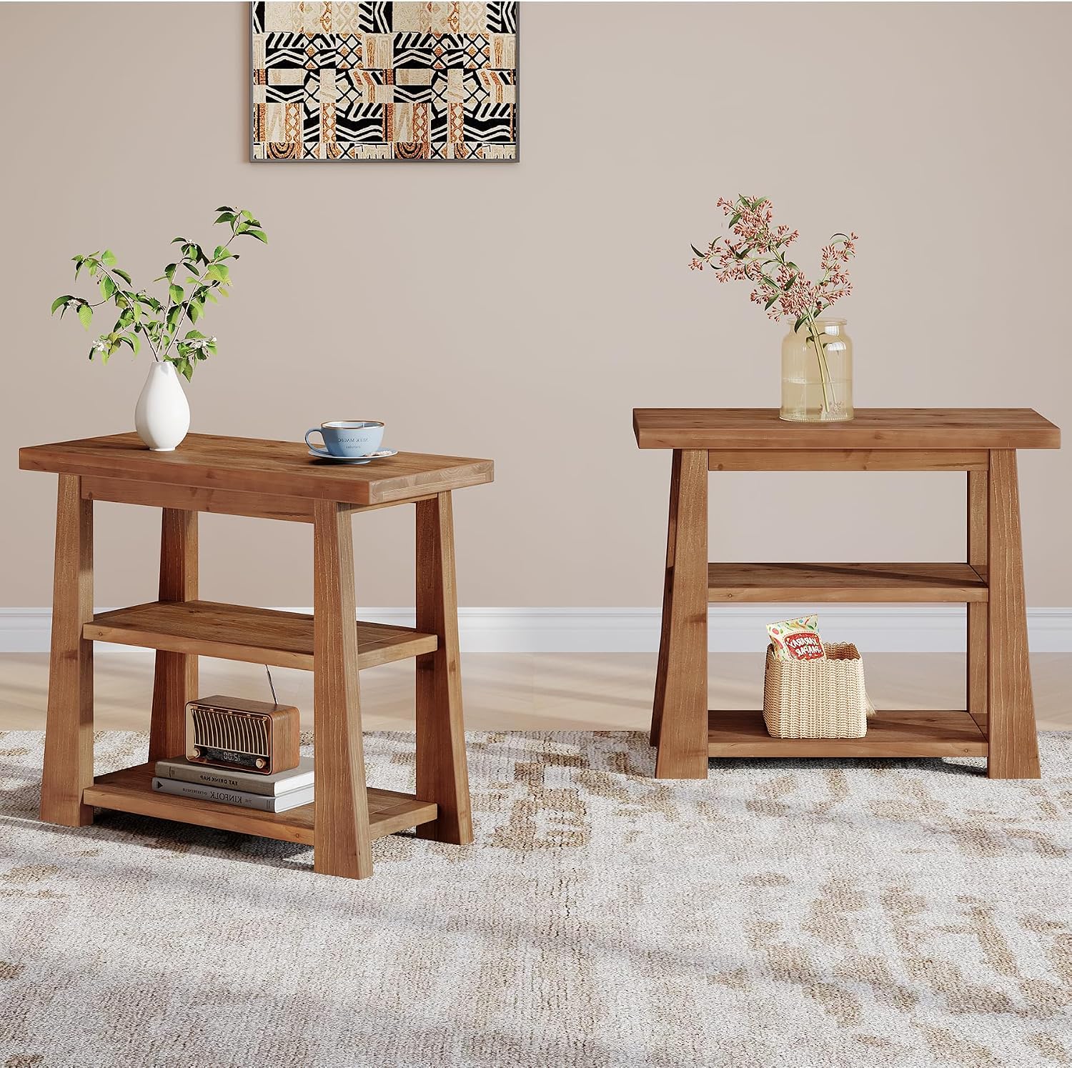 27.55 Inches Solid Wood End Table Set of 2, Rustic Nightstand with Open Storage Shelves, 3-Tier Narrow Sofa Side Table for Living Room, Bedroom, Small Spaces