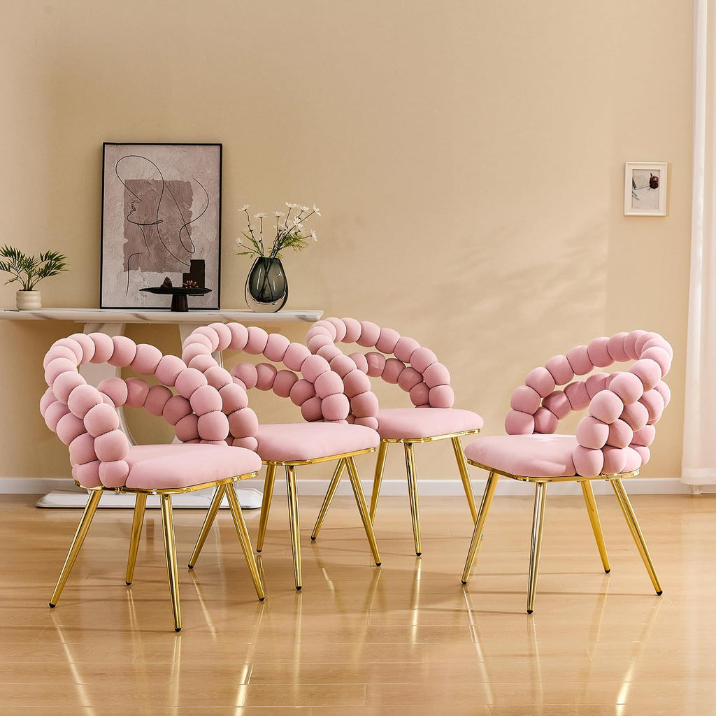 Montary Modern Pink Velvet Dining Chairs with Bubble Back, Set of 2 Accent Chair with Gold Metal Legs, Upholstered Vanity Chair for Dining Room, Living Room, Bedroom
