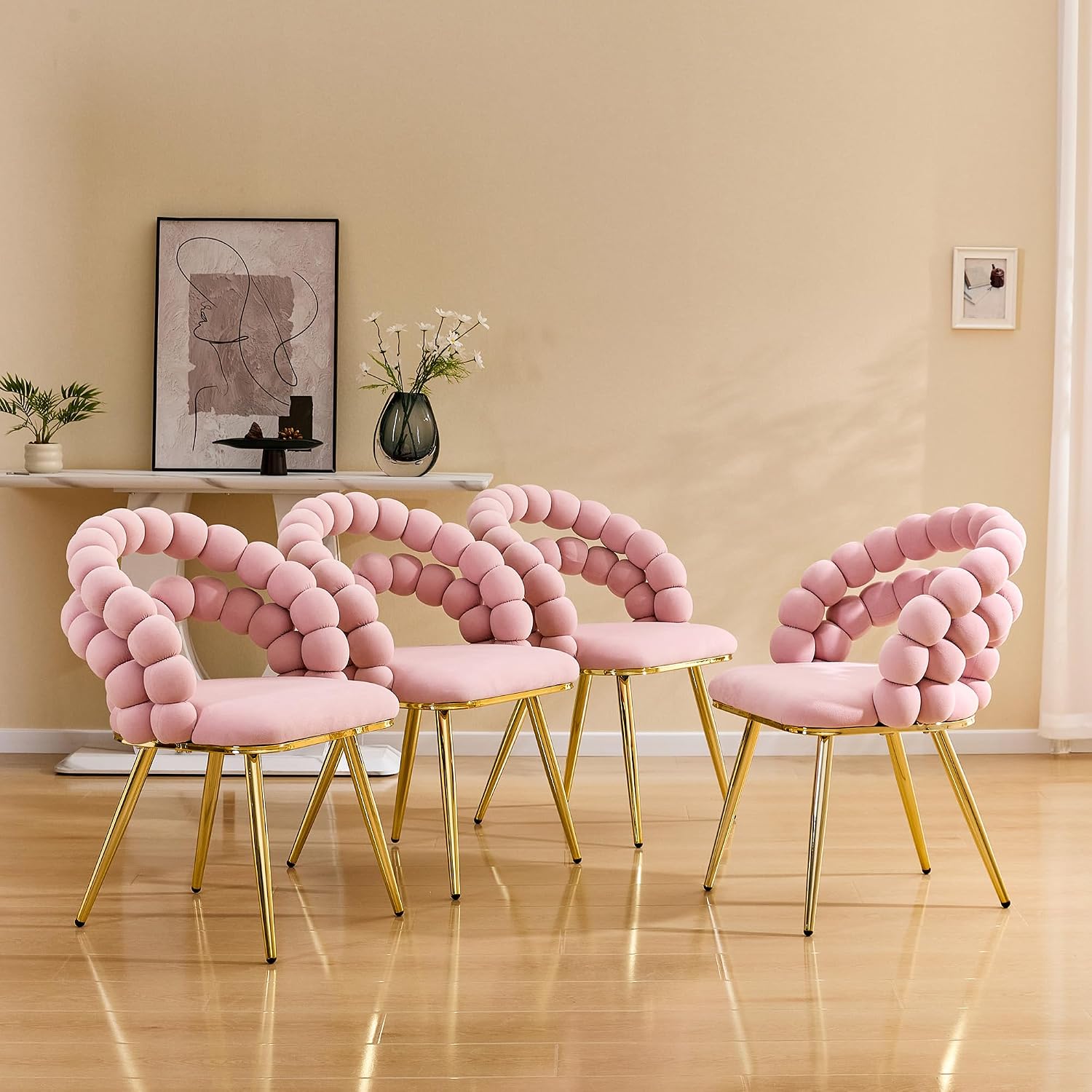 Montary Modern Pink Velvet Dining Chairs with Bubble Back, Set of 2 Accent Chair with Gold Metal Legs, Upholstered Vanity Chair for Dining Room, Living Room, Bedroom
