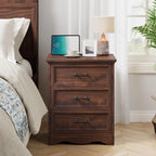 Walnut Night Stand with Charging Station, Farmhouse Bedside Table & End Table with 3 Drawers and Unique Base Design, Wood Nightstand with Metal Handles for Bedroom, Living Room