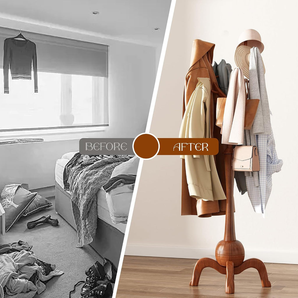 Wood Freestanding Coat Rack with 8 Hooks Coat Tree Standing,Walnut | Wooden Creative Clothes Hanger with Sturdy Sphere Base and Tree Branch Hooks 160lb Load Capacity for Entryway Hallway Bedroom
