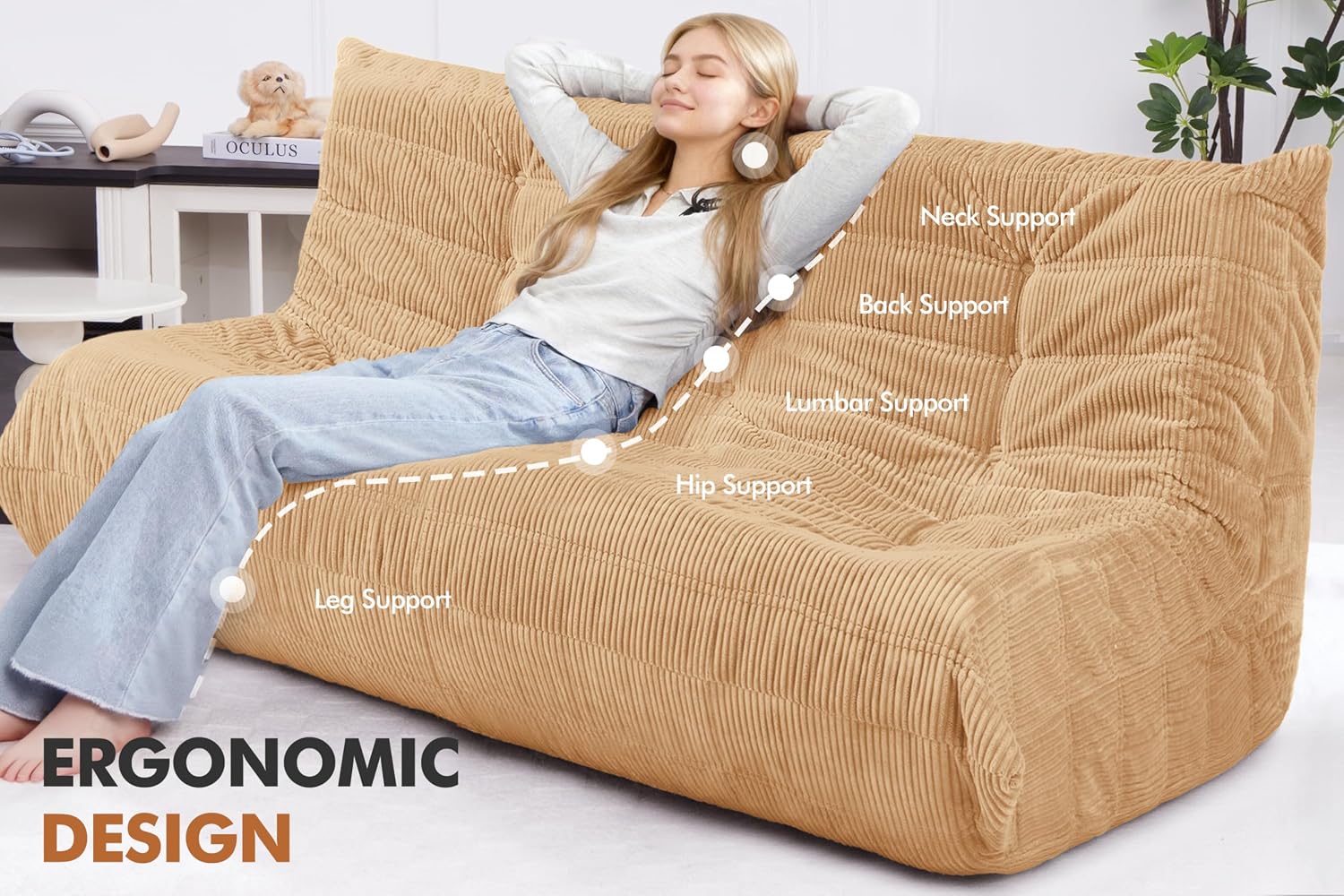 Bean Bag Chair,Giant Beanbag Chairs for Adults,Comfy Large Fireside Chair Lazy Sofa,Corduroy Bean Bag Lounger with Memory Foam Filled,Floor Sofa Couch for Home,Living Room (Khaki, 3-Seater)