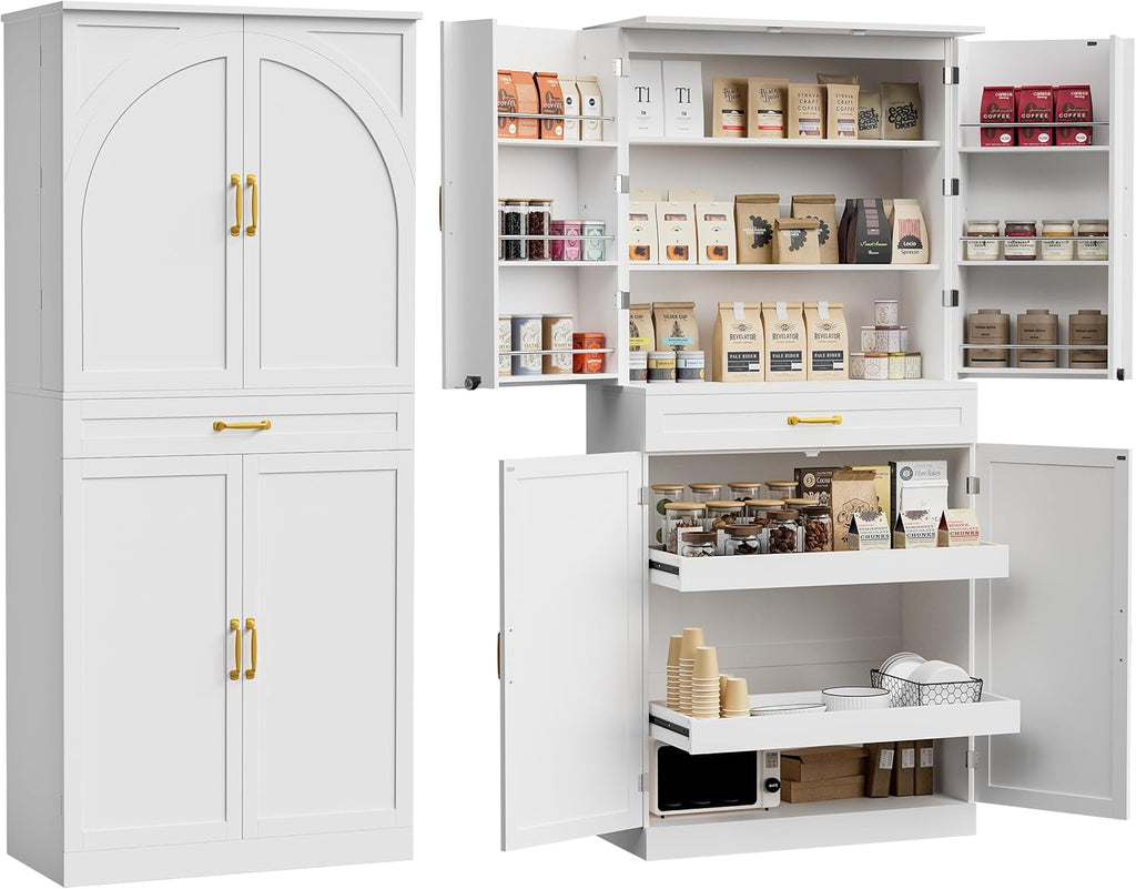 HQZX 71’’ Tall Kitchen Pantry Cabinet, Pantry Storage Cabinet with 6 Doors Shelves, Large Drawer & 2 Pull Out Shelves, Freestanding Cupboard for Kitchen, Dining Room, White