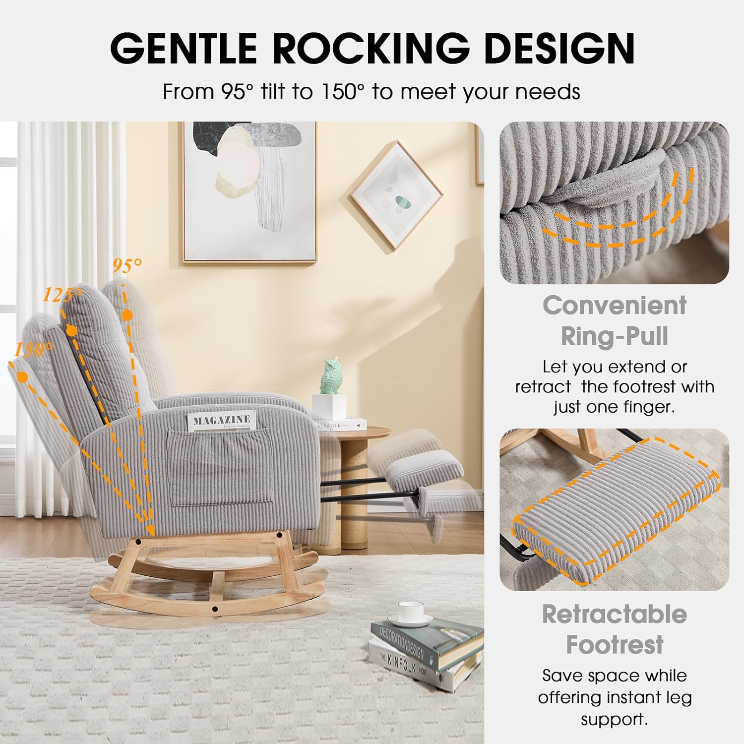 Nursing Rocking Chair, Nursery Glider with Footrest (Grey Retro) | Corduroy Upholstered Accent Rocking Armchair with High Back & Side Pockets for Living Room Bedroom Office Nursery