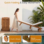 Tangkula Folding Lounge Chairs Outdoor Set of 2, Patio Eucalyptus Wood Chaise Lounge with 5-Level Adjustable Backrest & Cushions, Portable Beach Pool Sunbathing Recliner with Wheels for Outside