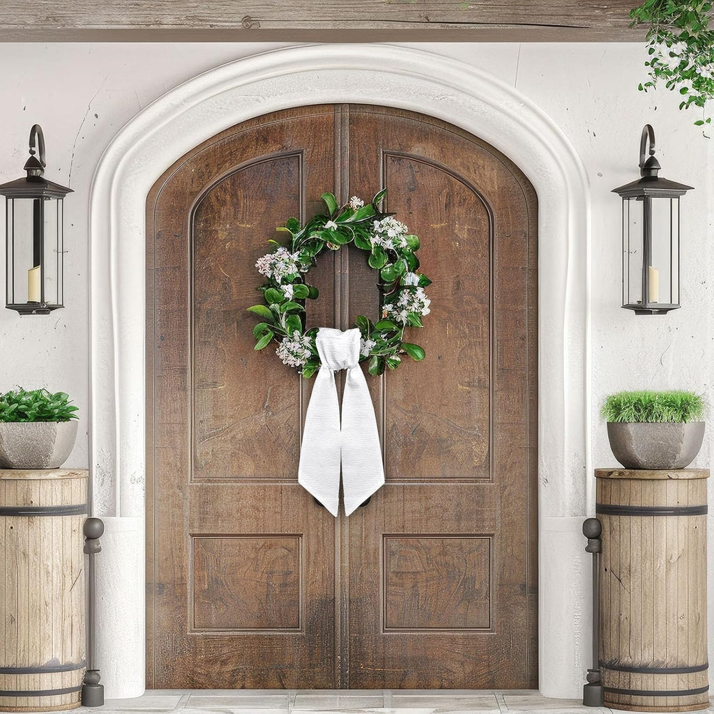 Wreath Sash for Front Door White Seersucker Wreath Satin Sash Burlap Garland Ribbon Accessories for Wreath Yard Doorway Indoor Outdoor Bow Bridal Shower Home Decor,5.1 x 54.3