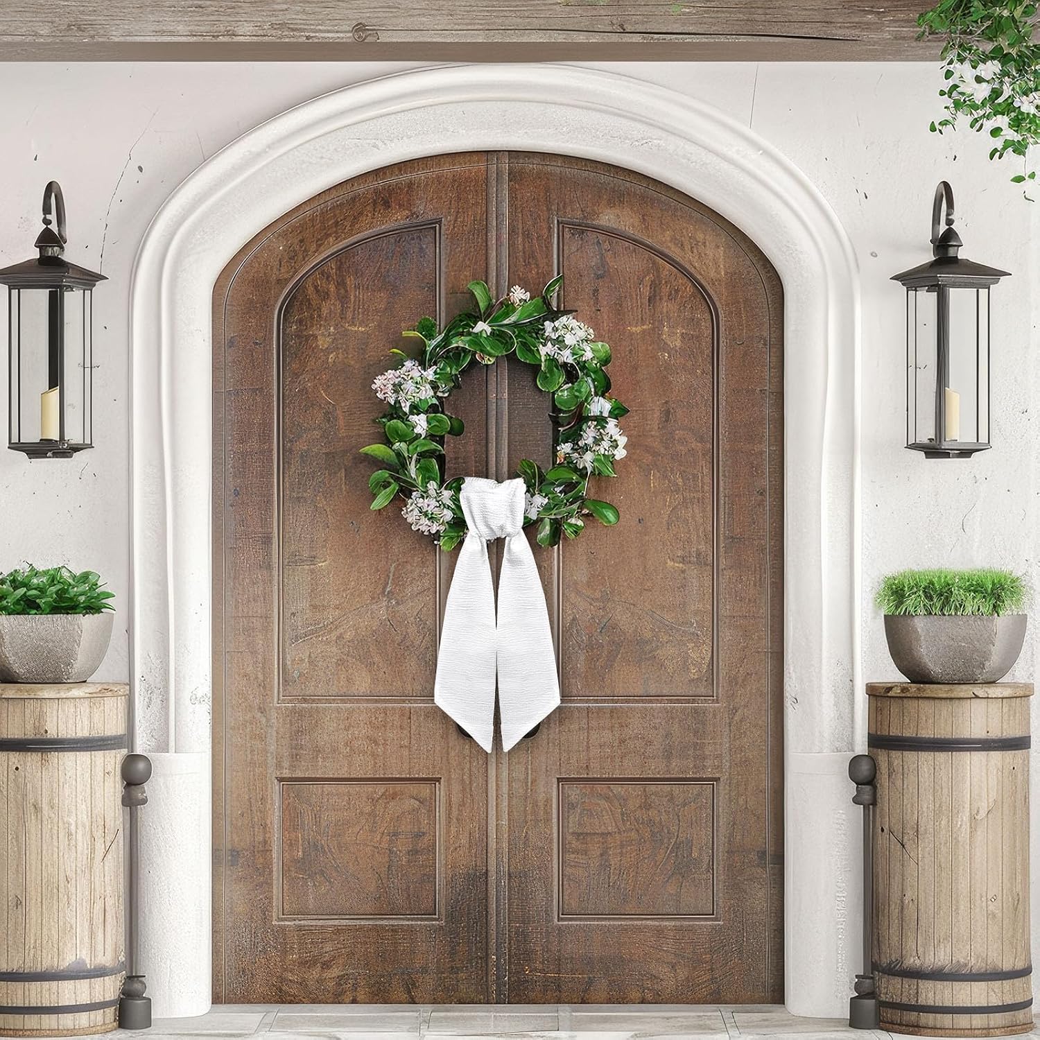 Wreath Sash for Front Door White Seersucker Wreath Satin Sash Burlap Garland Ribbon Accessories for Wreath Yard Doorway Indoor Outdoor Bow Bridal Shower Home Decor,5.1 x 54.3