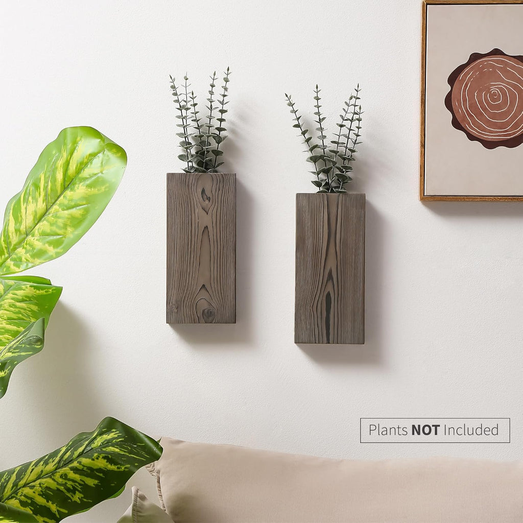 Wood Wall Planter Set of 2, Wood Wall Pocket for Greenery and Dried Flowers, Indoor Wood Hanging Vase, Modern Farmhouse Wall Decor for Living Room Bedroom Office Eucalyptus Stems Decorations (Grey)
