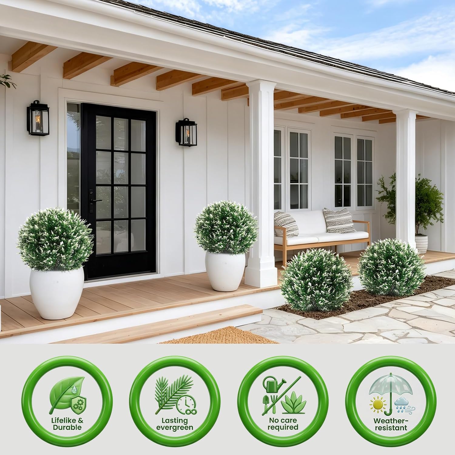 Lunmon Artificial Topiary Ball Trees Outdoor Set of 4, 24 Inch Faux Flower Topiary Bushes Plants with Ground Spikes, UV Resistant Artificial Shrubs for Porch Patio Garden Decor(Lavender,White)
