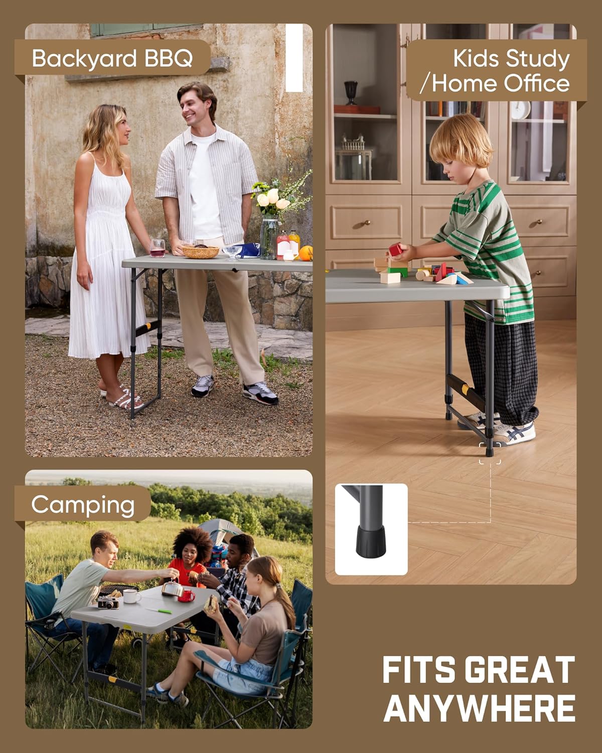 FanttikOutdoor Folding Table 4 Foot, Effortless Quick Adjustable Height Foldable Small Card Table, Fixing Lock, Stable for Party Dining Events Picnic Indoor Outdoor Camping, 1 Pack, Zeta X4 Pro White