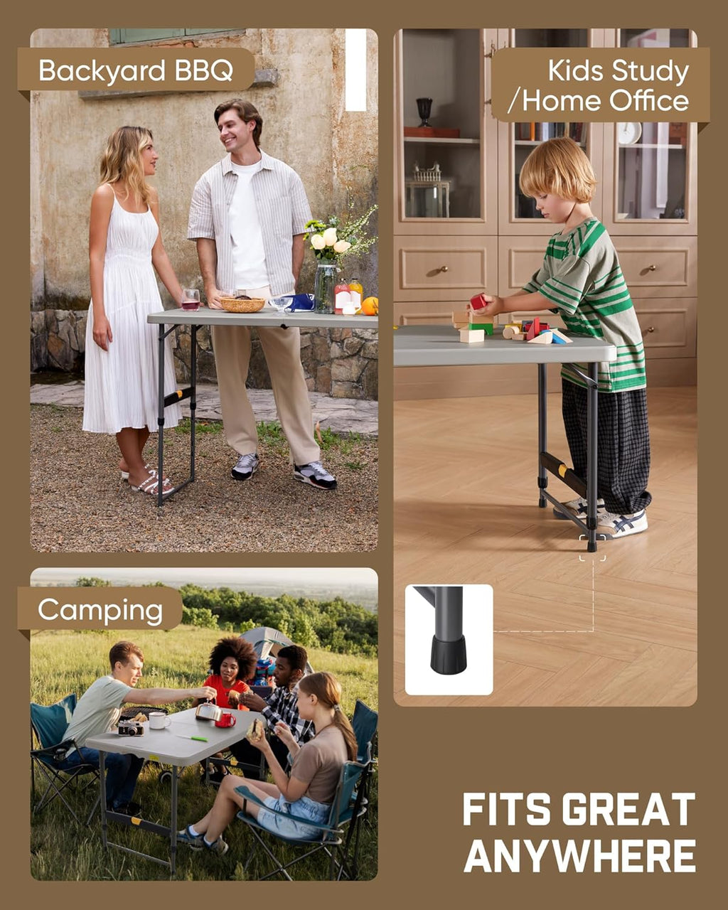 FanttikOutdoor Folding Table 4 Foot, Effortless Quick Adjustable Height Foldable Small Card Table, Fixing Lock, Stable for Party Dining Events Picnic Indoor Outdoor Camping, 1 Pack, Zeta X4 Pro White