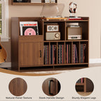 IRONCK Mid-Century Modern Record Player Stand, Record Player Cabinet with Door & Display Shelf, Vinyl Record Storage Cabinet for Living Room & Entertainment Room, Walnut