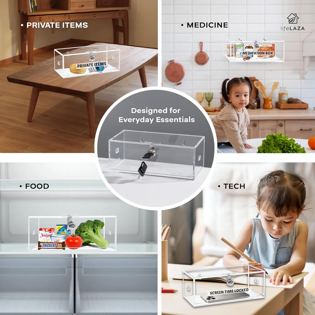 LifeLAZA Acrylic Refrigerator Lock Box, Medication Lock Box With 4 Key, Wall Mount Clear Safe Lockbox with Labels for Phone, Fridge, Food, Medicine