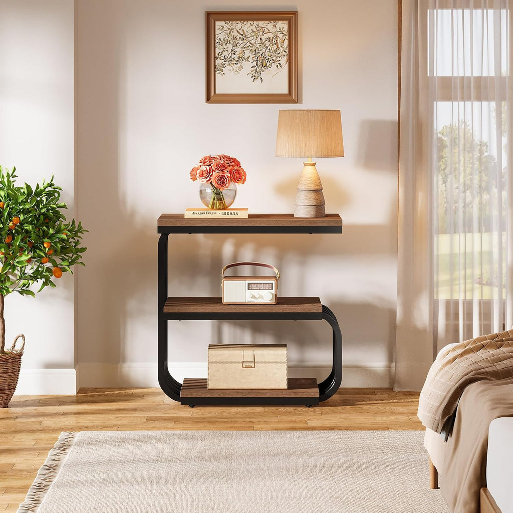 Tribesigns 3-Tier Nightstand, Narrow Bedside Stand, Industrial Vintage End Table for Bedroom, Living Room, or Small Spaces, Accent Side Table with Metal Frame (2, Brown)