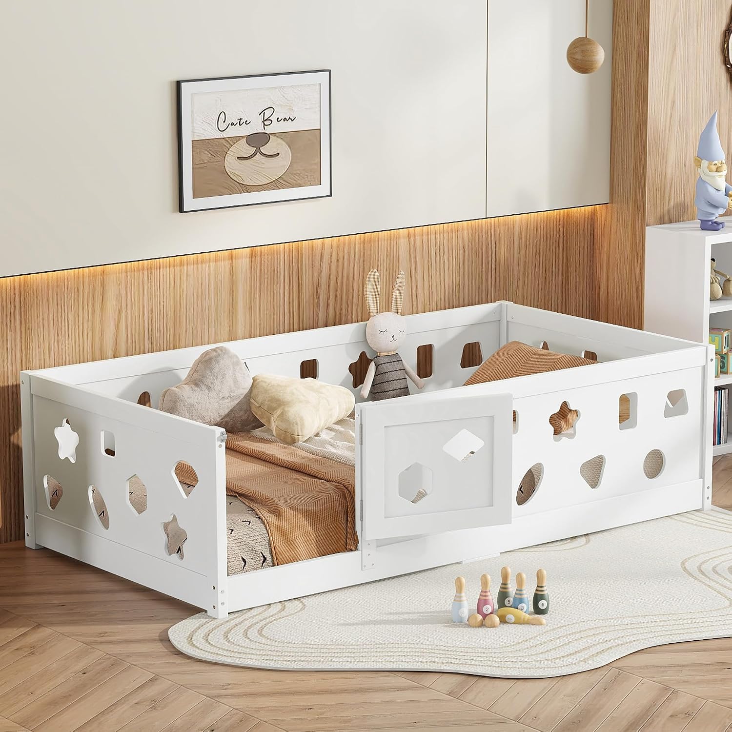 Twin Size Floor Bed with Heightened Safety Guardrails and Door, Solid Wood Bede with Rails for Girls, Boys, Teens, Child Bedroom, Playroom, No Slats Included, White
