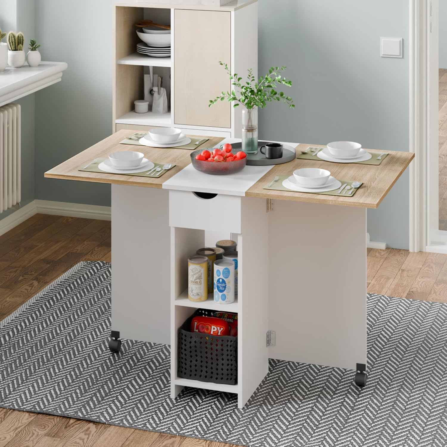 Folding Dining Table, Drop Leaf Table for Small Space with Drawer and Open Storage Shelves, Modern Rectangular Kitchen Dining Table, 47.2" L x 28.3" W (Oak & White)
