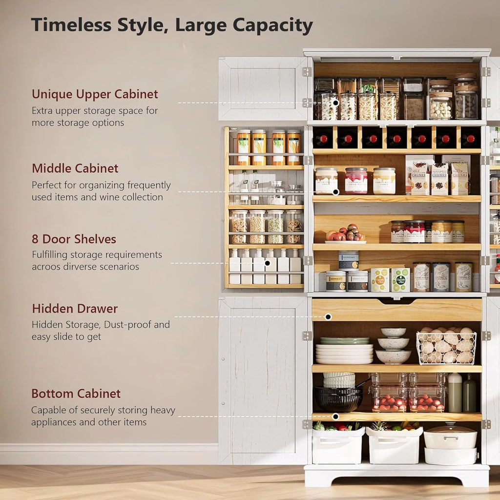 78.2" Tall Farmhouse Kitchen Pantry Cabinet, with 8 Door Shelves, Storage Cabinet with 4 Adjustable Shelves, Hidden Drawer, Wine Rack, Versatile Cupboard for Kitchen, Dining & Bathroom, Retro White