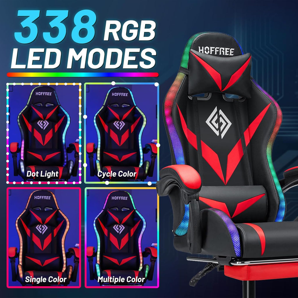 HOFFREE Gaming Chair Massage with Bluetooth Speakers and Led Lights Ergonomic Computer Gaming Chair with Footrest RGB Video Game Chair with High Back Lumbar Support Red and Black