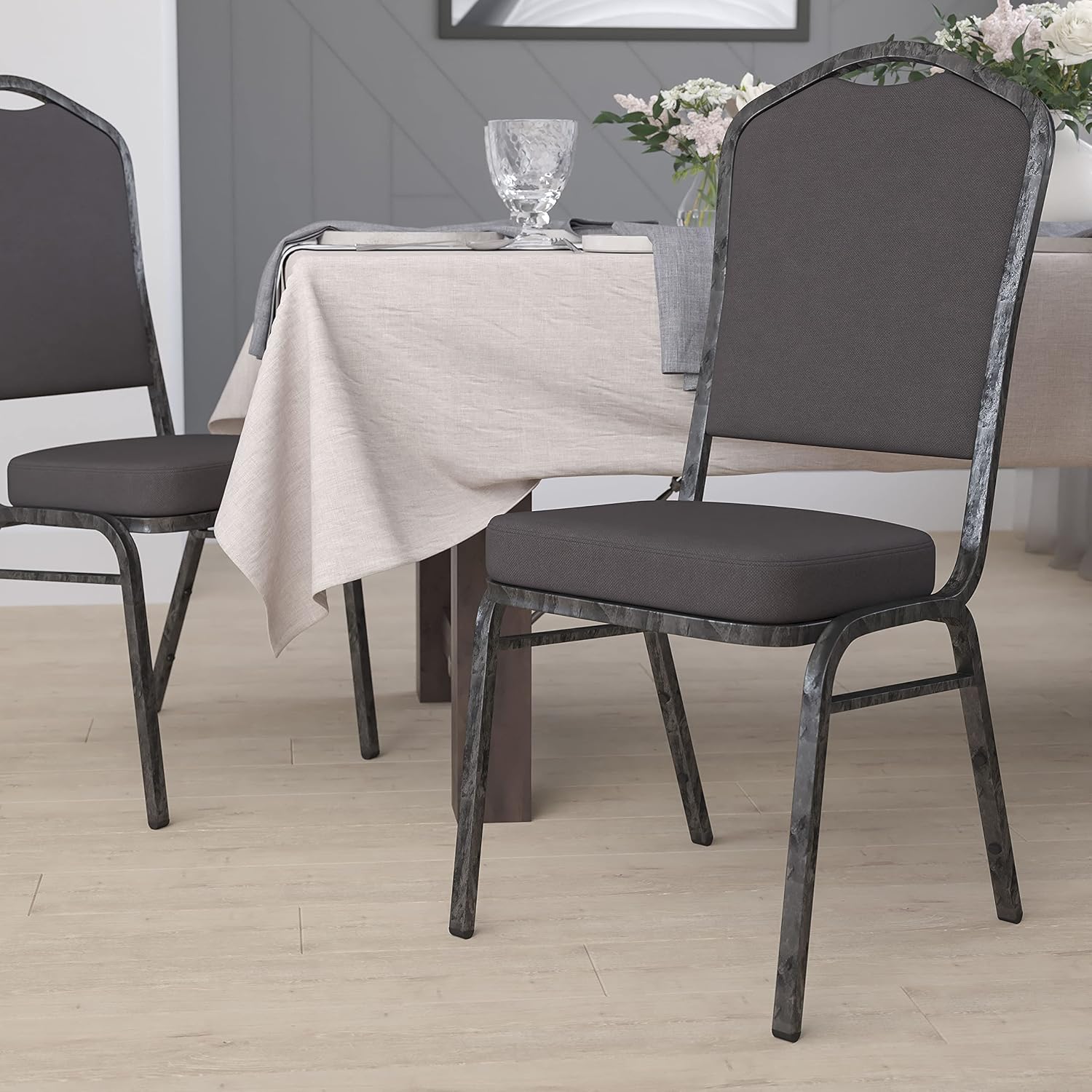 BizChair Crown Back Stacking Banquet Chair, Gray Fabric/Silver Vein Frame