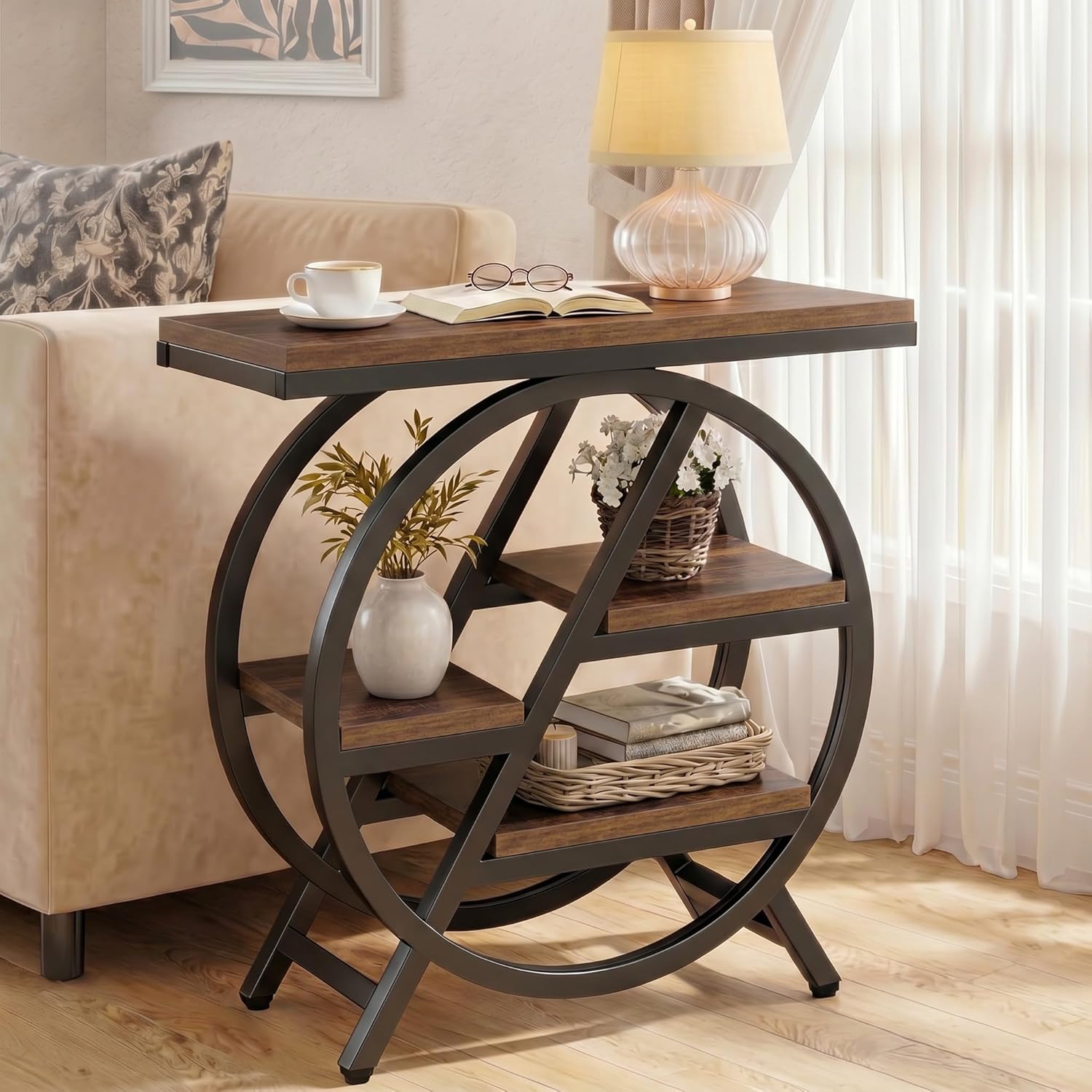 Tribesigns Side Table for Living Room, 4-Tier Narrow End Table with Storage, Industrial Wooden Beside Tables with Geometric Metal Frame, Nightstand for Small Spaces, Bedroom, Rustic Brown
