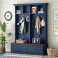Merax Wood Hall Tree with 6 Hooks & Entryway Bench, Farmhouse Mudroom Versatile Coat Racks with 2 Large Drawers, Entrance Organizer for Hallway, Living Room Blue