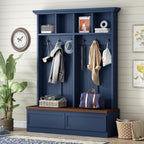 Merax Wood Hall Tree with 6 Hooks & Entryway Bench, Farmhouse Mudroom Versatile Coat Racks with 2 Large Drawers, Entrance Organizer for Hallway, Living Room Blue