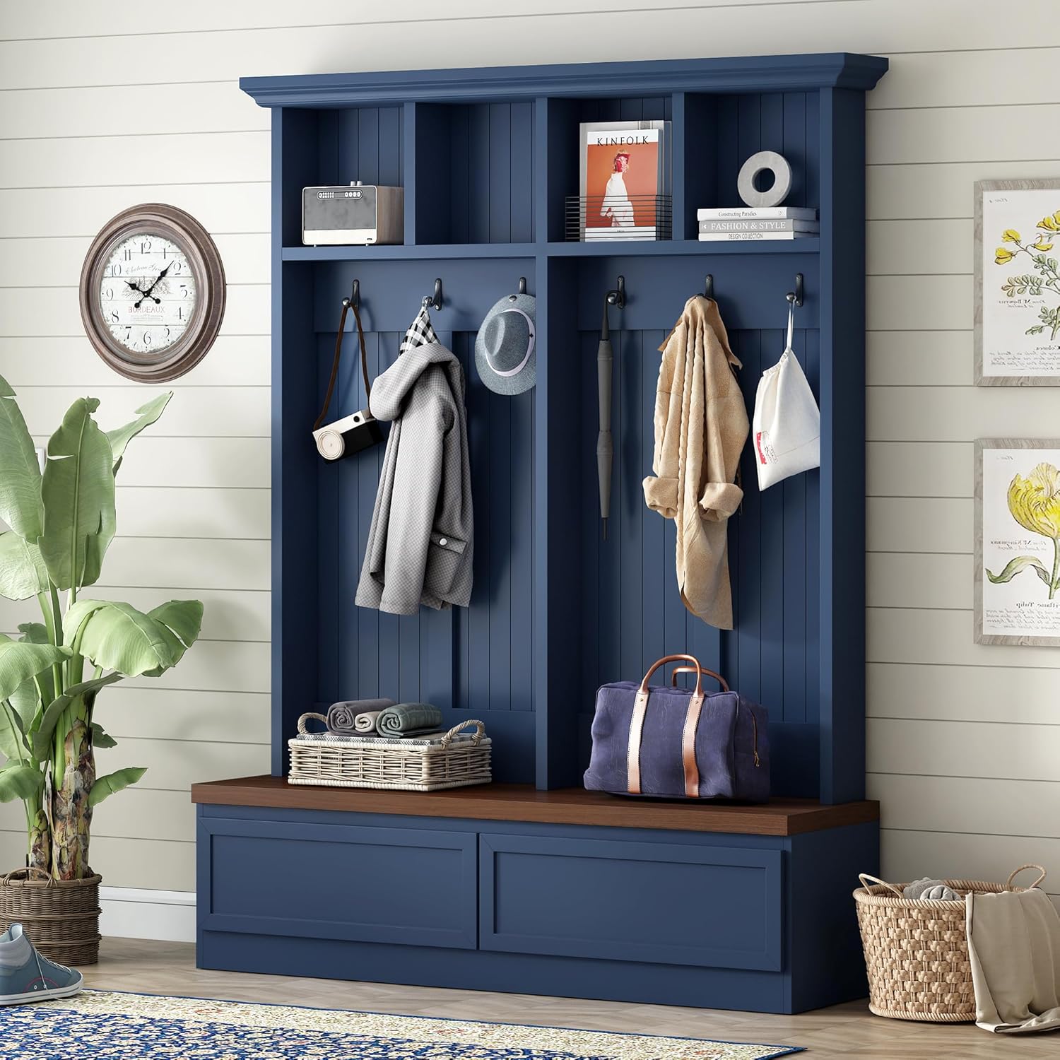 Merax Wood Hall Tree with 6 Hooks & Entryway Bench, Farmhouse Mudroom Versatile Coat Racks with 2 Large Drawers, Entrance Organizer for Hallway, Living Room Blue