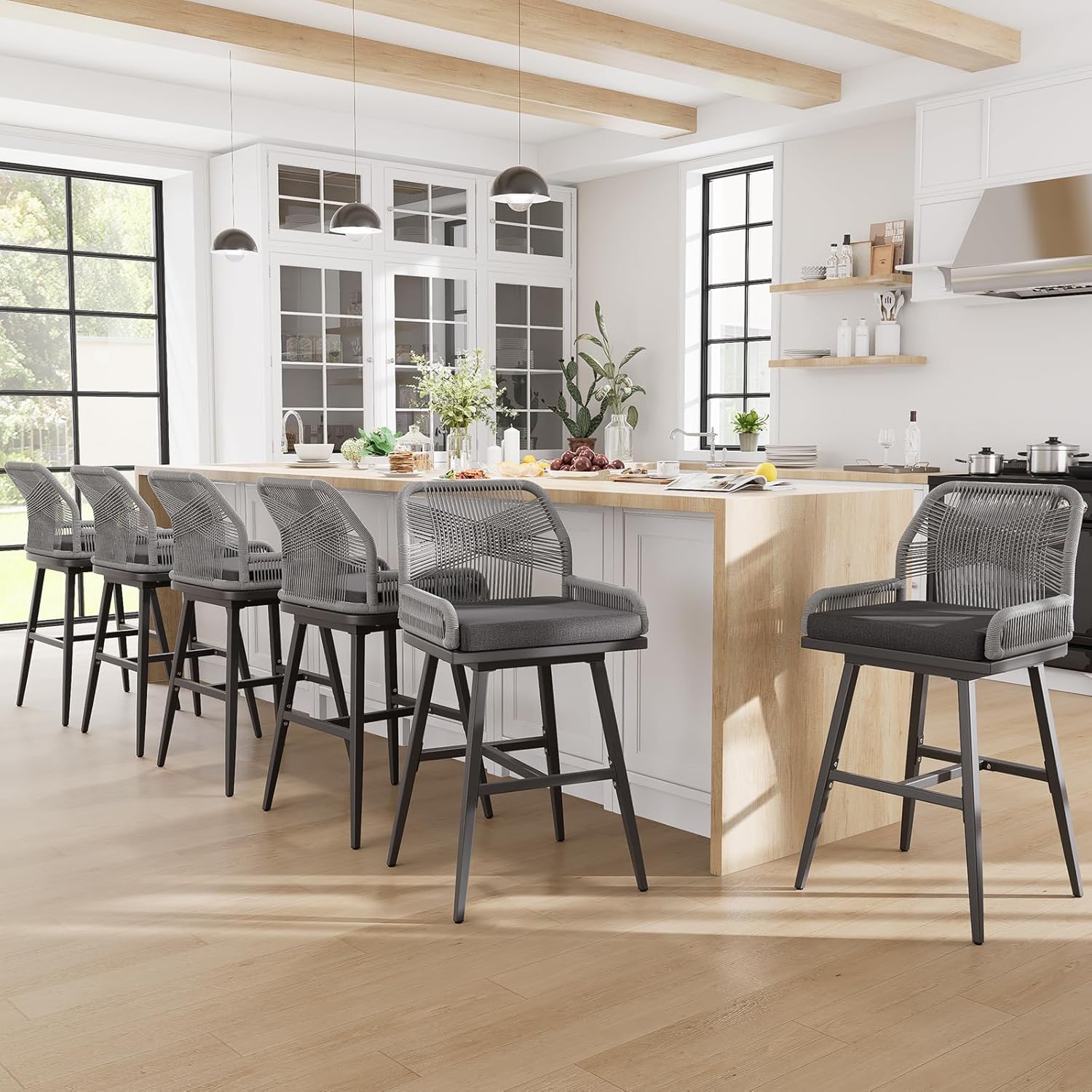 MEISSALIVVE Bar Stools Set of 6, Rattan Counter Height Bar Stools, 26" H Swivel Patio Bar Stools with Boho Woven Rope Back for Kitchen Patio Garden Cushions Included, Grey