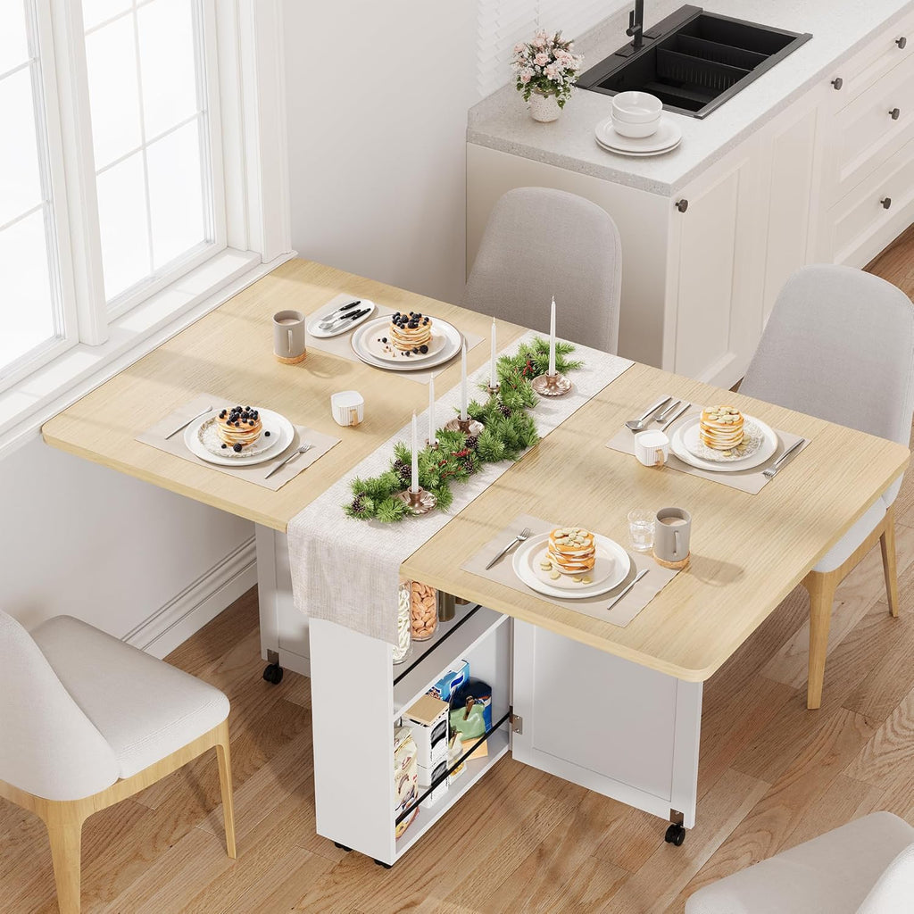 IDEALHOUSE Folding Dining Table, Folding Kitchen Table with Drawers and Storage, Apartments, Small Spaces, White