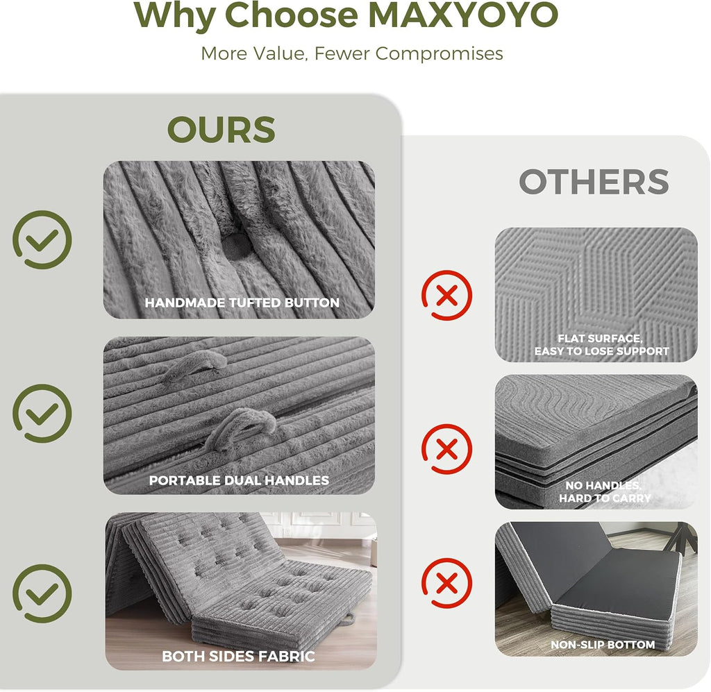 MAXYOYO Folding Sofa Couch Bed, 6 Inch Tri-Fold Floor Sofa Bed, Folding Mattress with Handles, Soft Faux Fur Folding Bed with Supportive Foam Filling, Portable Couch for Living Room, Twin, Grey