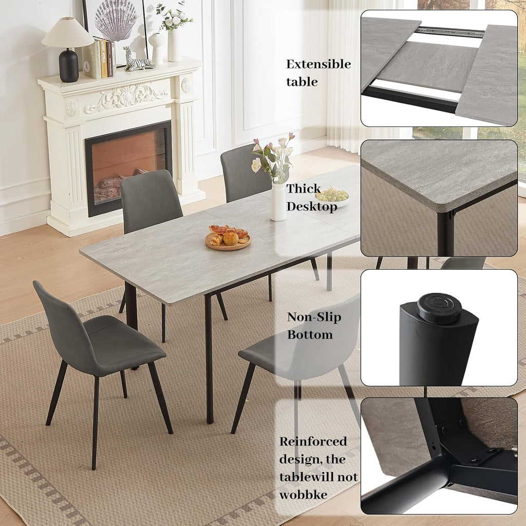 HIPIHOM 63"- 78.7" Extendable Dining Room Table Set for 6, Modern Kitchen Table with 6 Dining Chairs for 4-6 Person, Thickened Expandable Wooden Table with Metal Legs for Dining Room, Kitchen