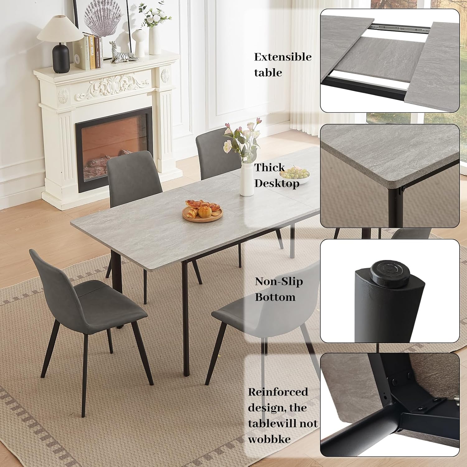 HIPIHOM 63"- 78.7" Extendable Dining Room Table Set for 6, Modern Kitchen Table with 6 Dining Chairs for 4-6 Person, Thickened Expandable Wooden Table with Metal Legs for Dining Room, Kitchen