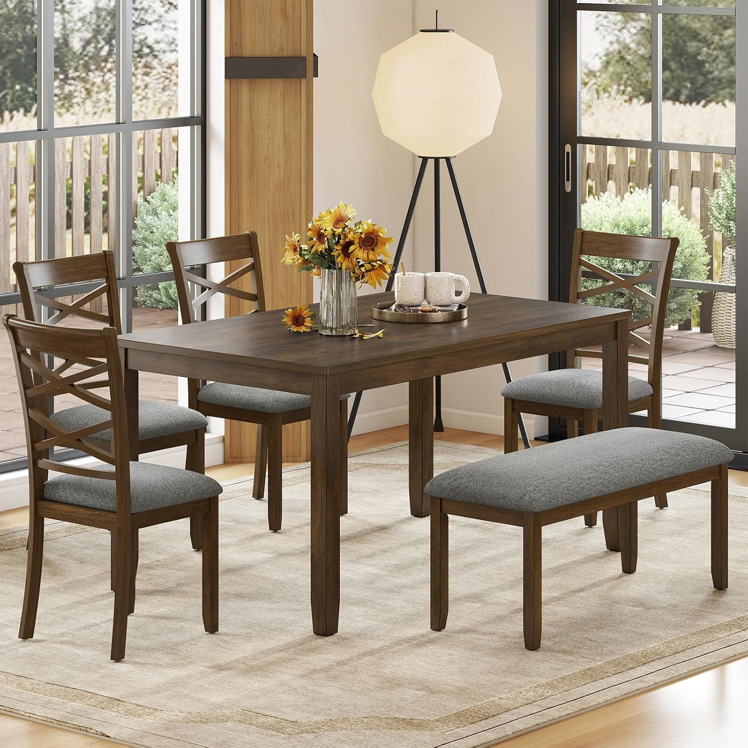 Zevemomo 6-Piece Solid Wood Dining Table Set, Includes 1 Dining Table, 4 Upholstered Chairs and 1 Bench, Wooden Legs Dining Table Set for Dining Room, Kitchen, Restaurant, Walnut