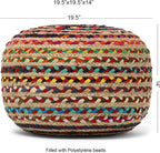 · REDEARTH · Braided Jute Cotton Pouf - Circular Boho Ottoman - Multi | Jute with Cotton Pouf, 19.5"x19.5"x14"; Braided Boho Pouffe, Doubles as Foot Rest for Living Room, Patio, Outdoor, Bedroom